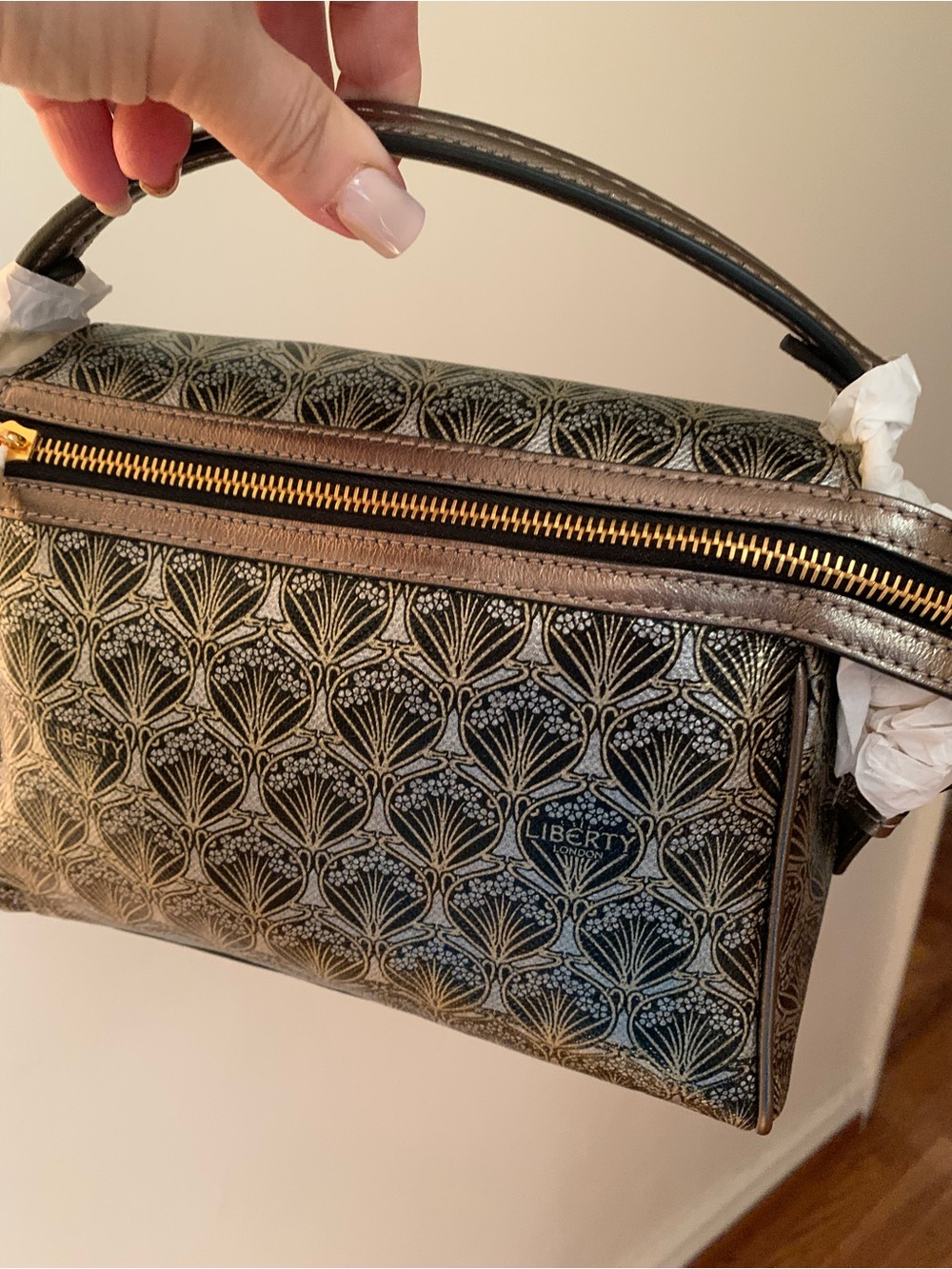 Liberty of London Metallic Black Patterned Satchel with Gold Trim